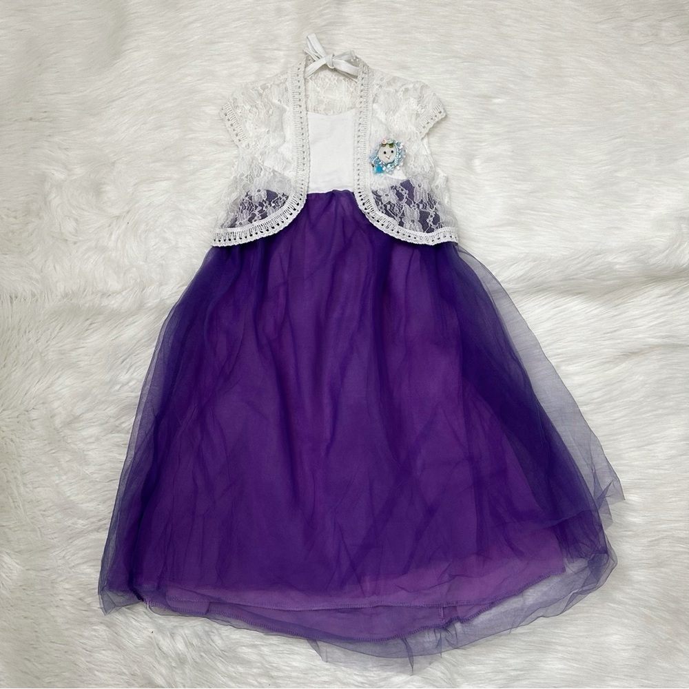 Kids Girls Size 7-8 Formal Purple Tulle with White Lace Bolero Shrug